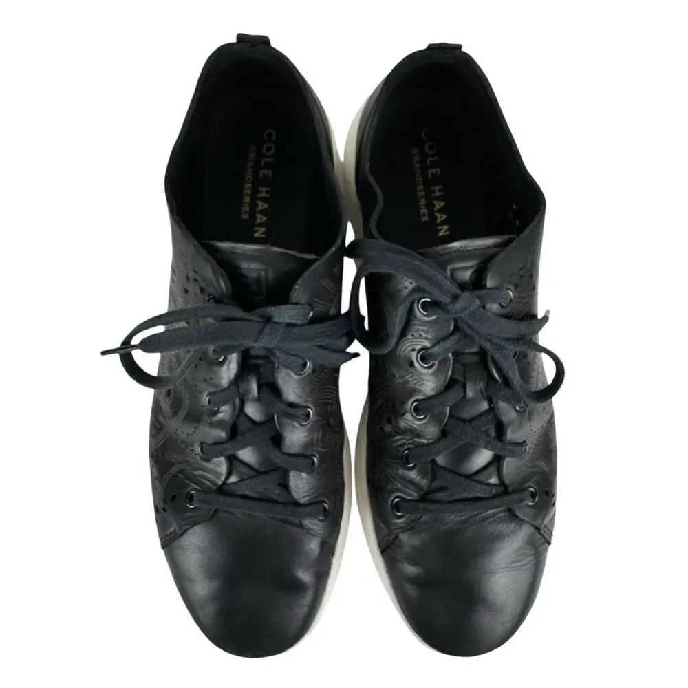 Cole Haan Women Leather Laser Cut Grand Pro Tennis Shoes 9B Black Preppy Comfort
